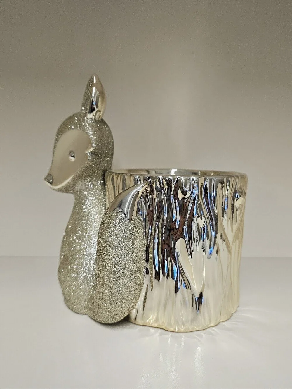 New Bath & Body Works Fox Pedestal Candle Holder Gold Glitter Tree Stump Decor